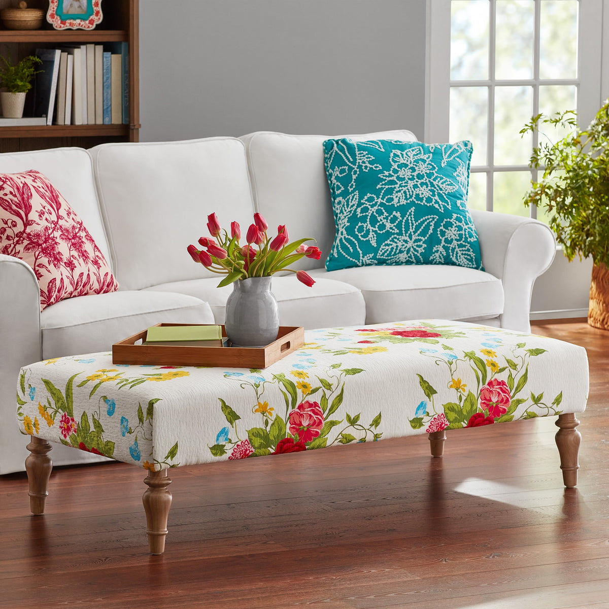 Brambelle Vintage Floral Fabric Rectangular Ottoman White