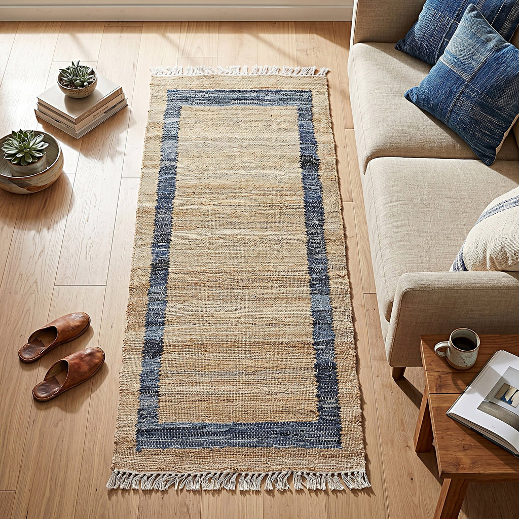 Runner rug in natural with a blue border view 2