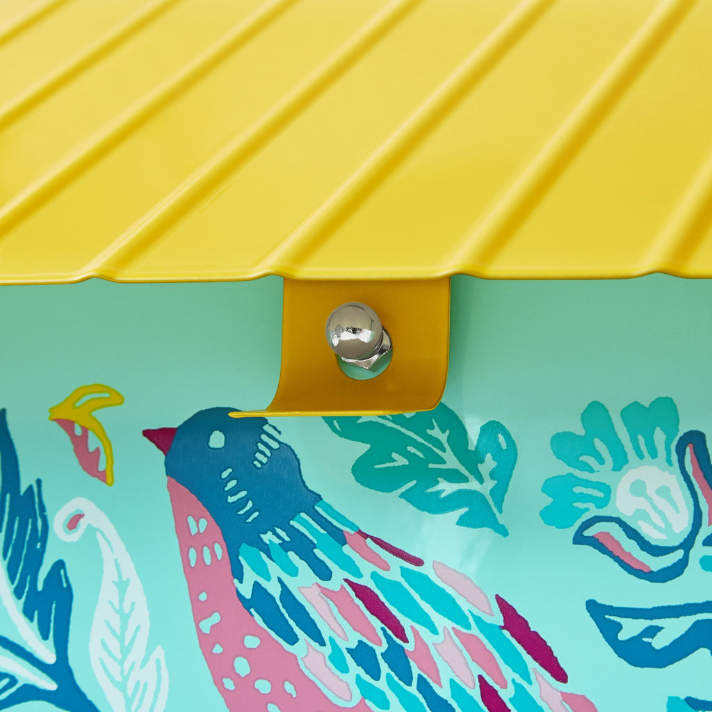 Bird feeder in teal and yellow view 4