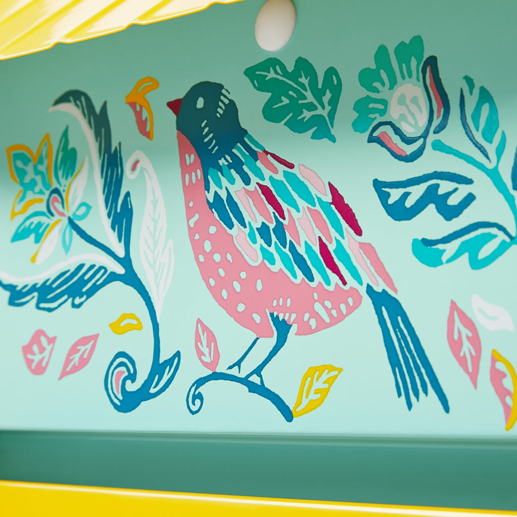 Bird feeder in teal and yellow view 8