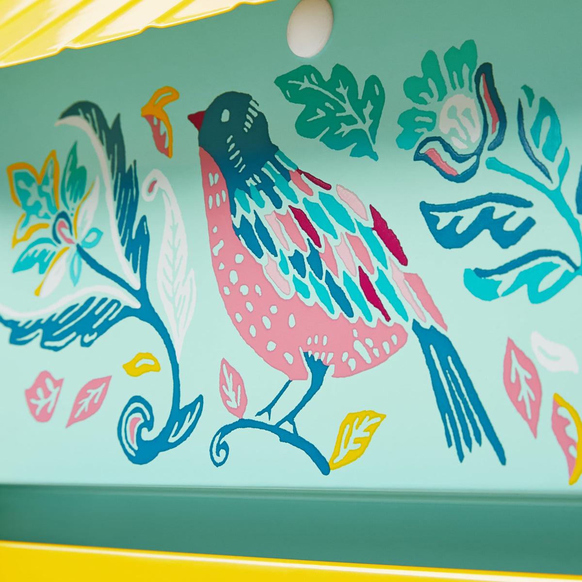 Bird feeder in teal and yellow view 8