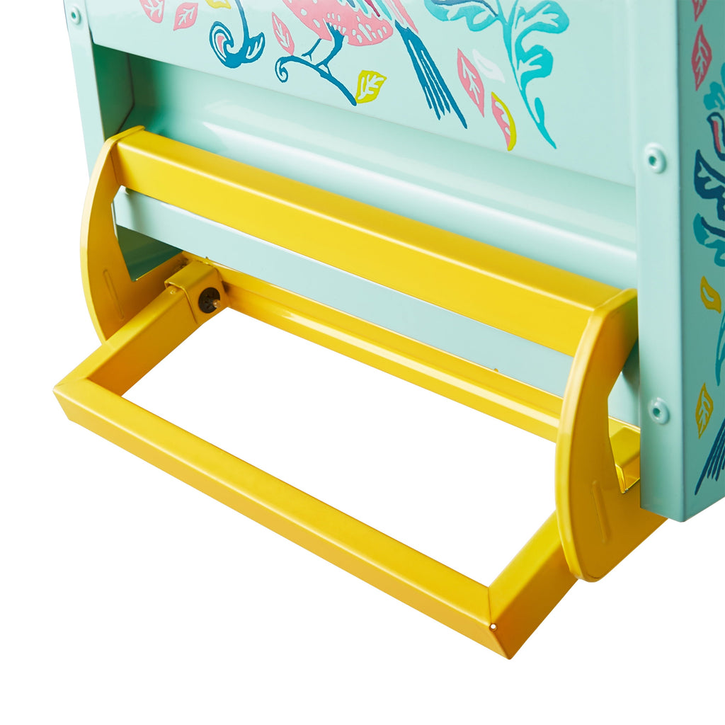 Bird feeder in teal and yellow view 6