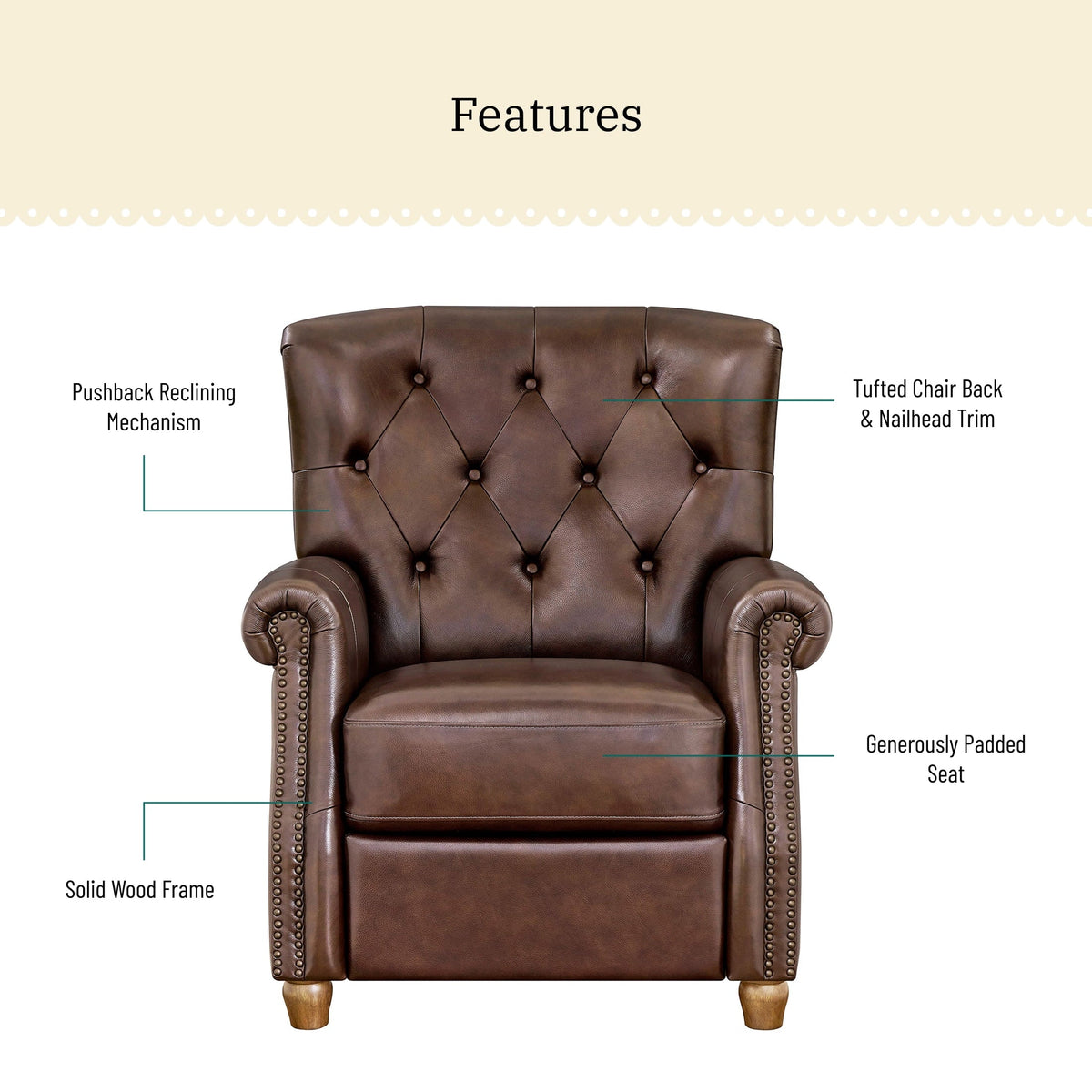 Recliner in whiskey brown view 3