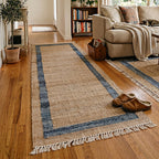 Runner rug in natural with a blue border view 3