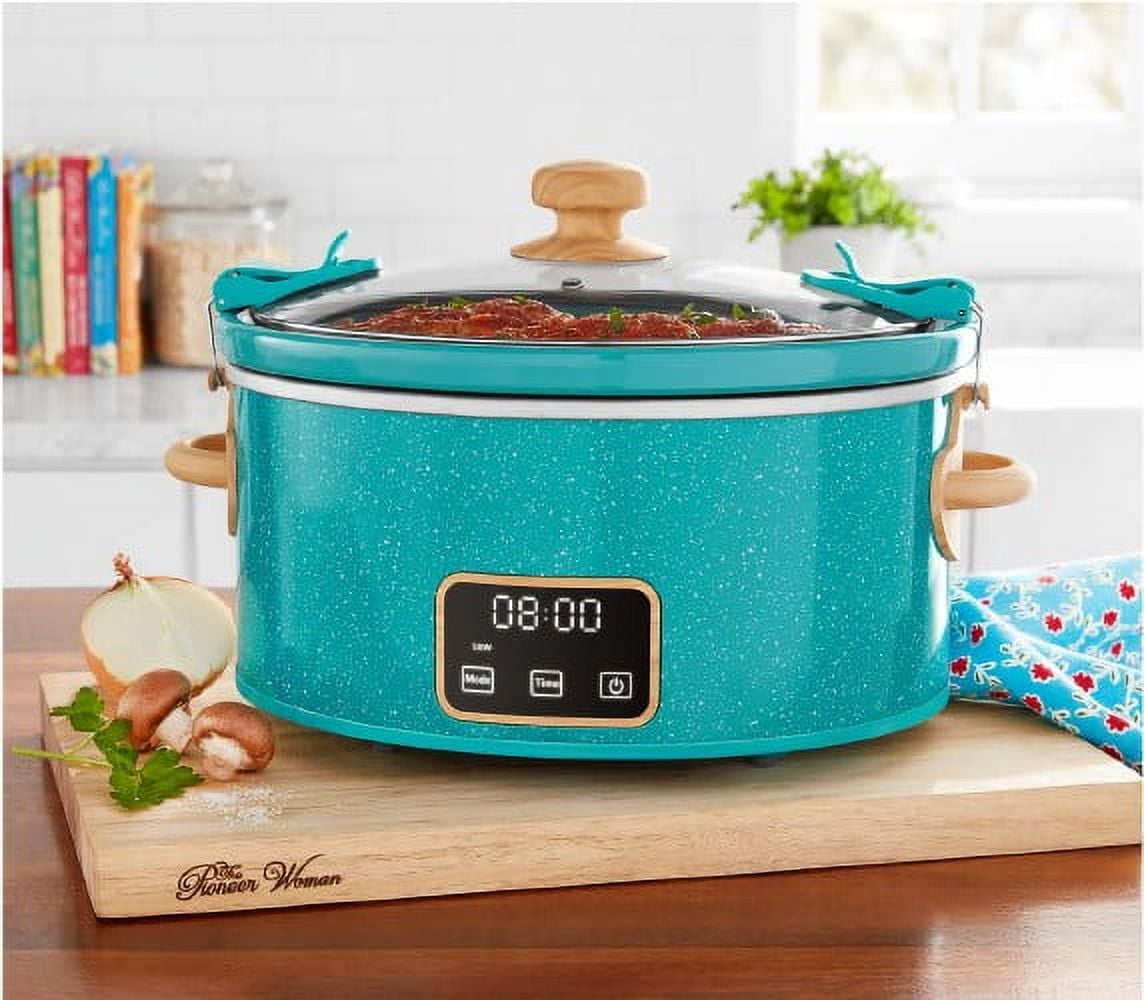 Slow cooker in teal speckle view 2