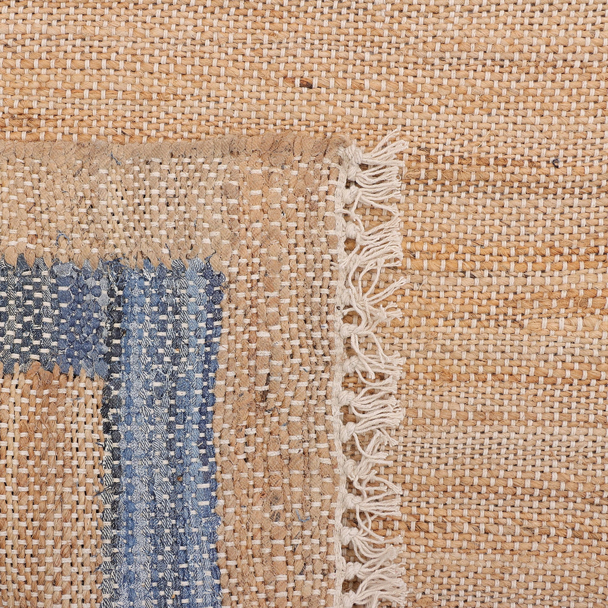 Runner rug in natural with a blue border view 6