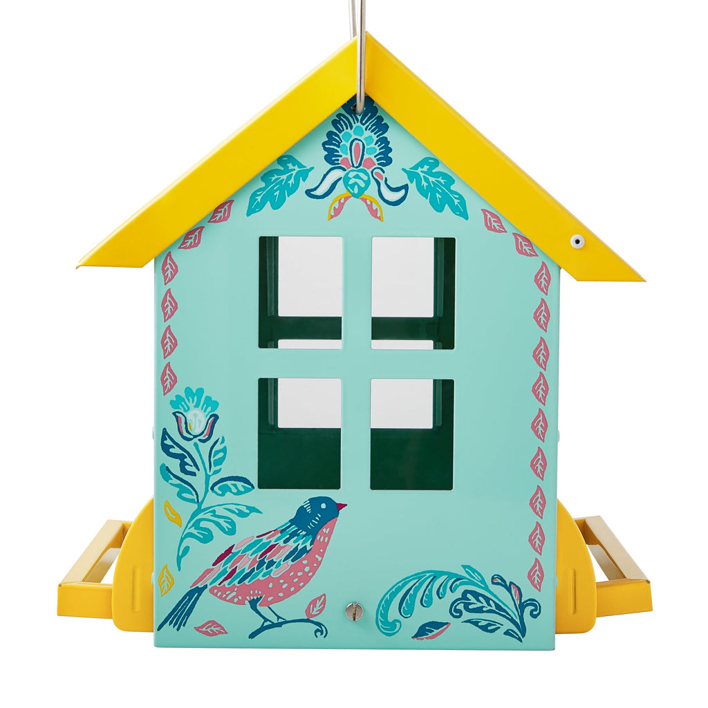 Bird feeder in teal and yellow view 3