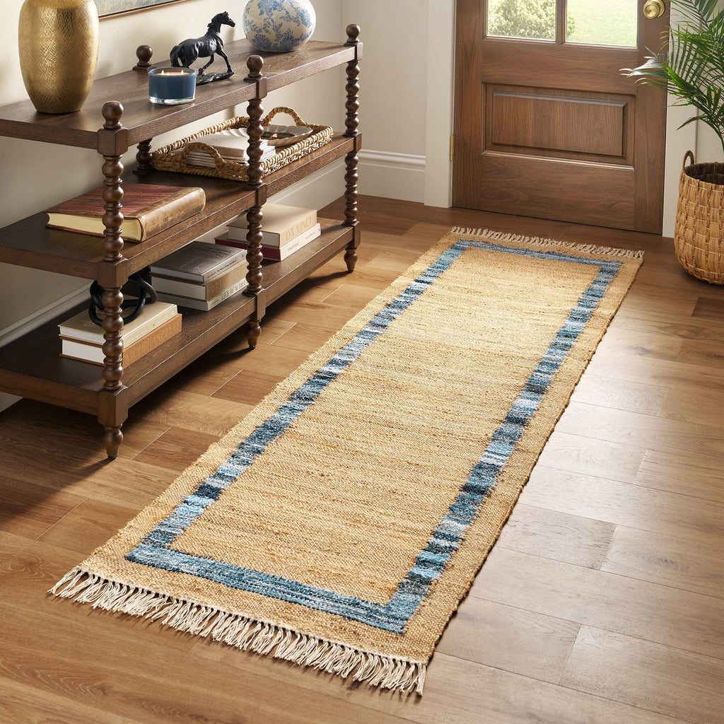 Runner rug in natural with a blue border view 8