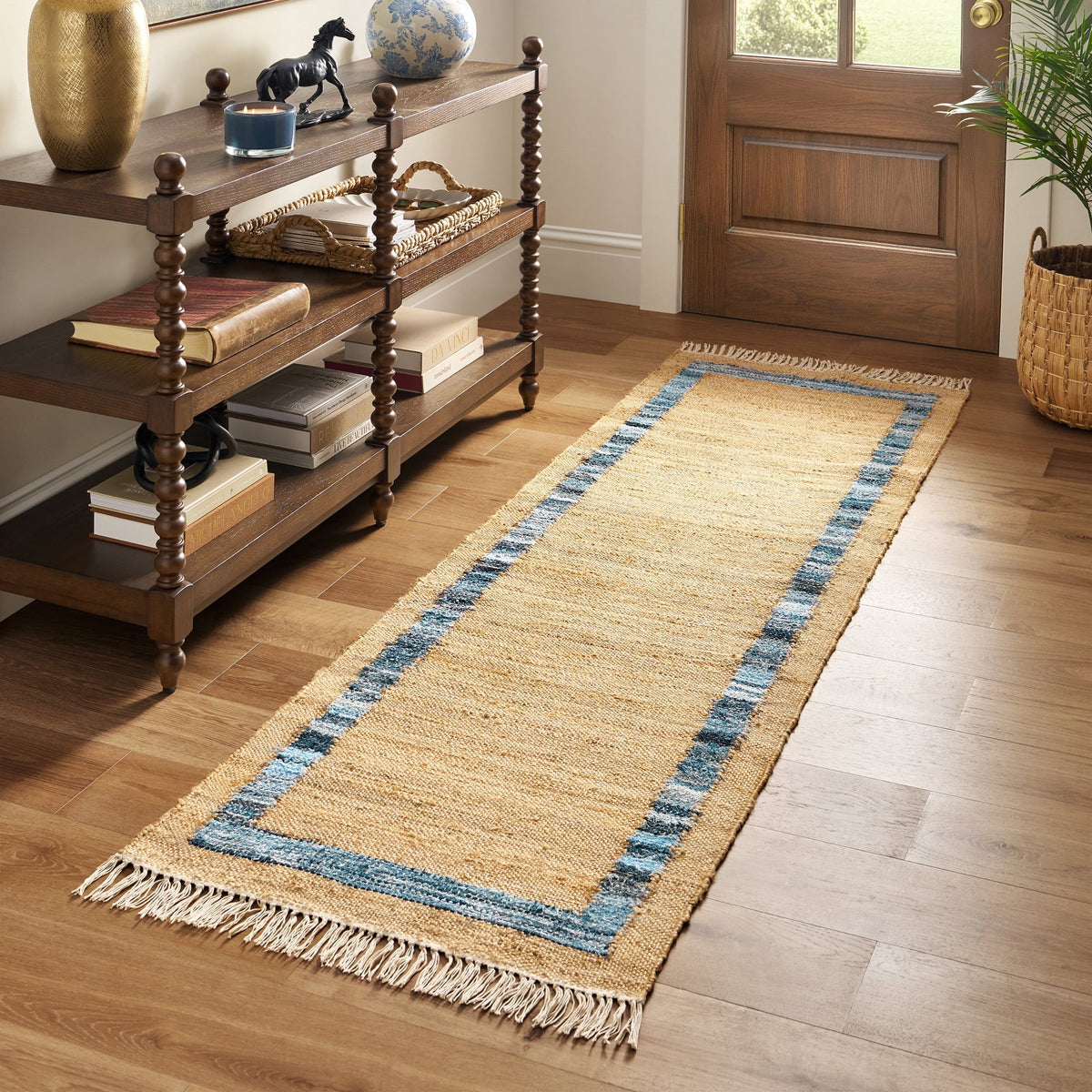 Runner rug in natural with a blue border view 8