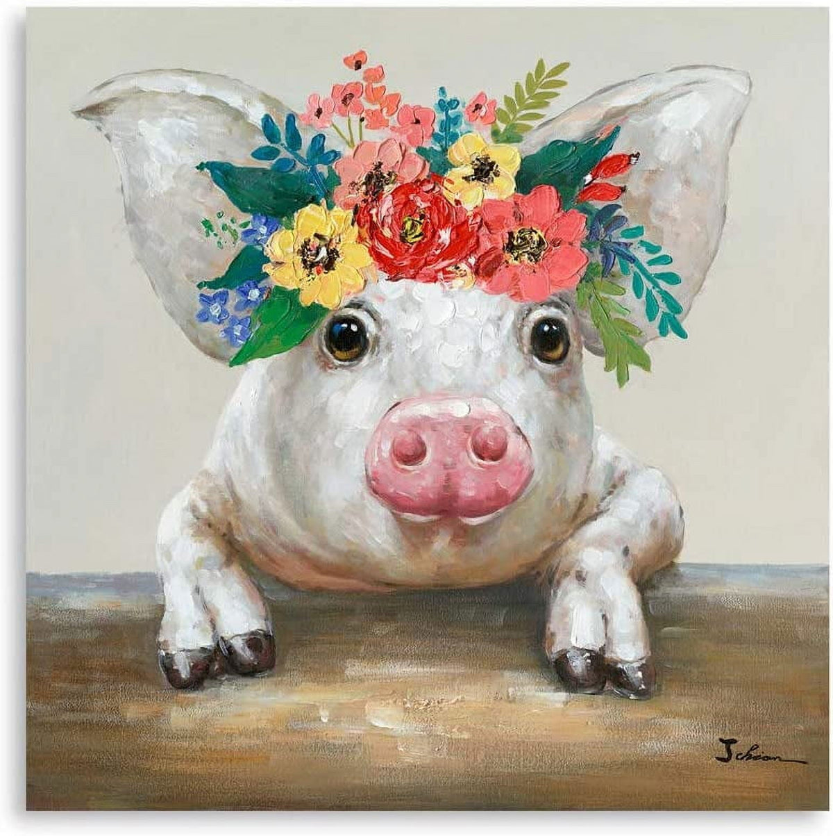 Brambelle Pig with Floral Crown Canvas Wall Art Wood Frame 16 x 20 Inch