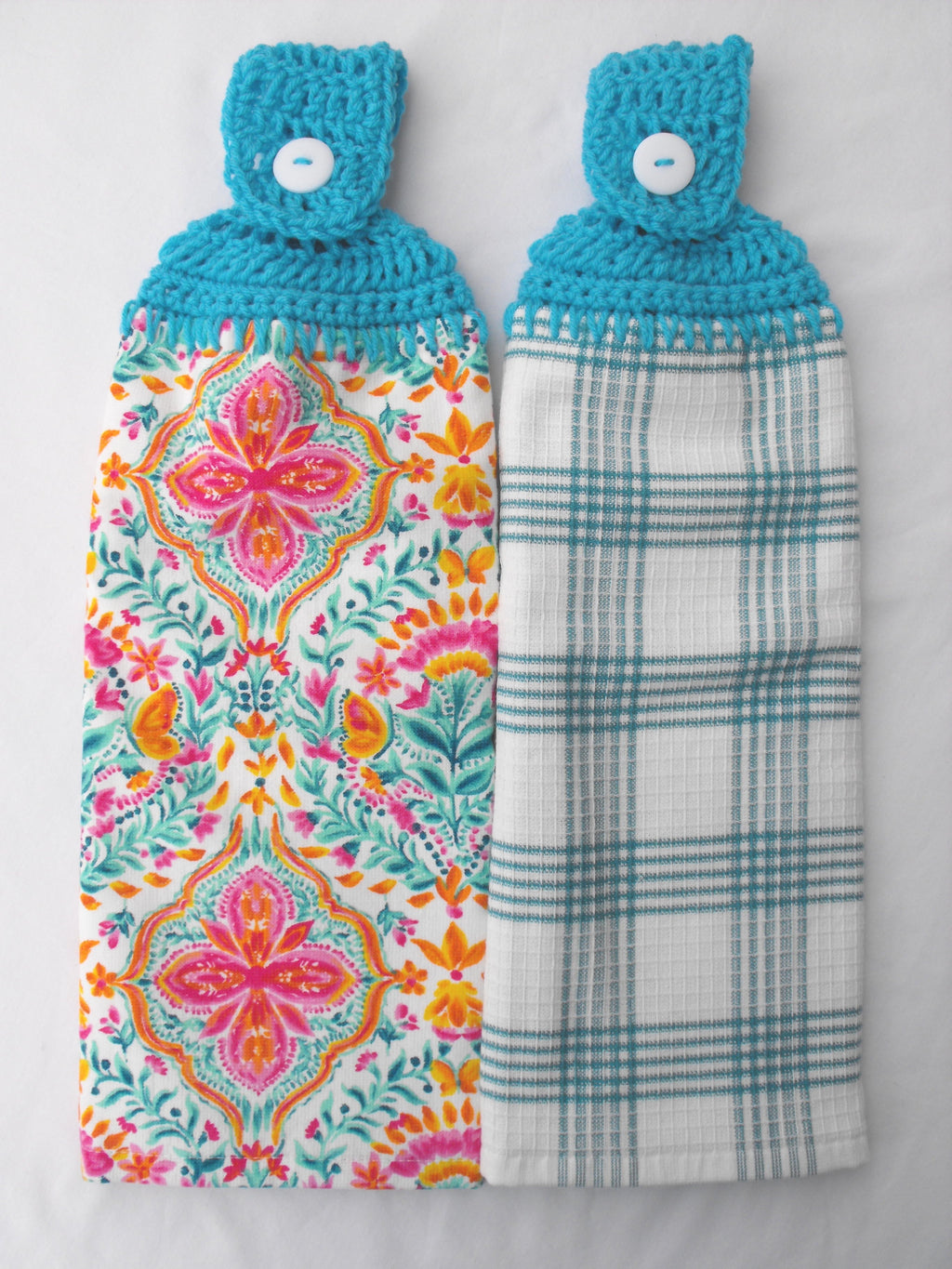 Brambelle Folk Geo Handmade Crochet Top Hanging Kitchen Towel Turquoise