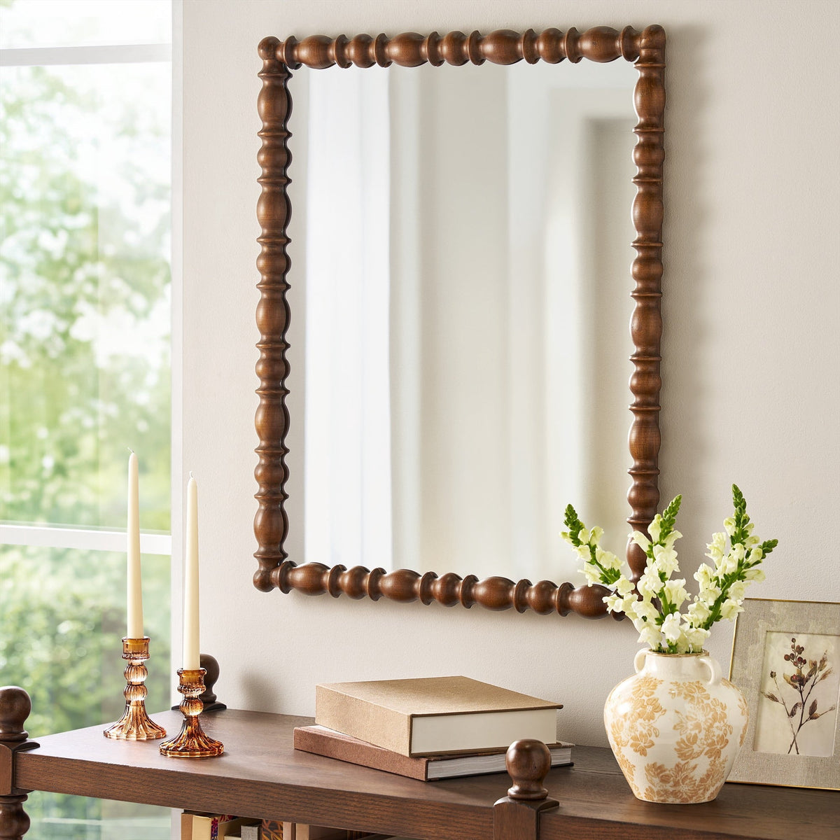 Brambelle Harper Spindle Wood Wall Mirror Rustic Brown 24 x 30 Inch