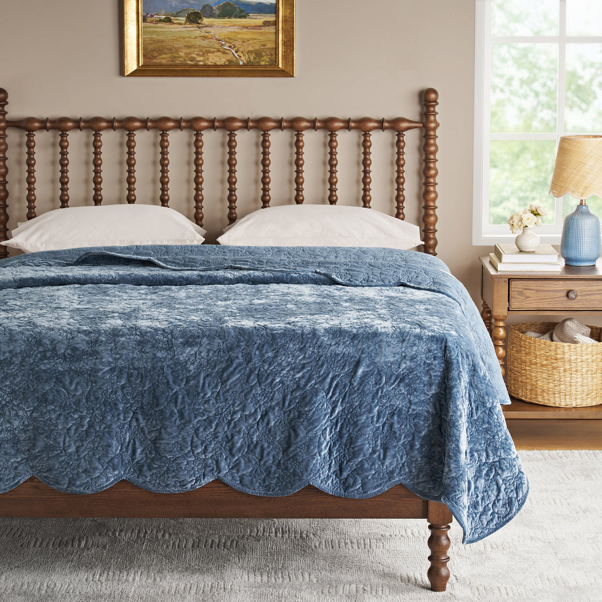 Brambelle Eloise Floral Velvet Quilt Full Queen Blue Dust