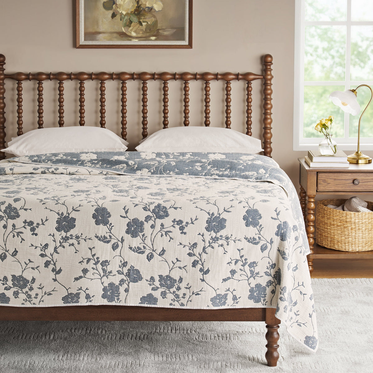 Brambelle Agatha Floral Gauze Reversible Quilt Full Queen Blue Dust
