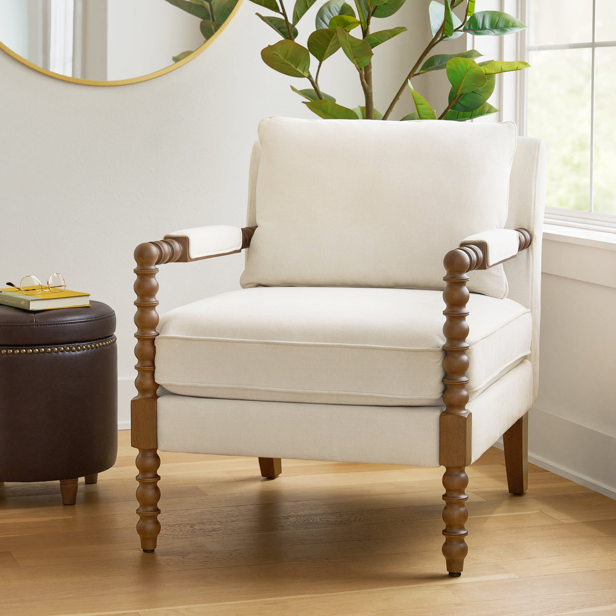 Brambelle Harper Spindle Accent Chair Antique White Fabric Upholstery