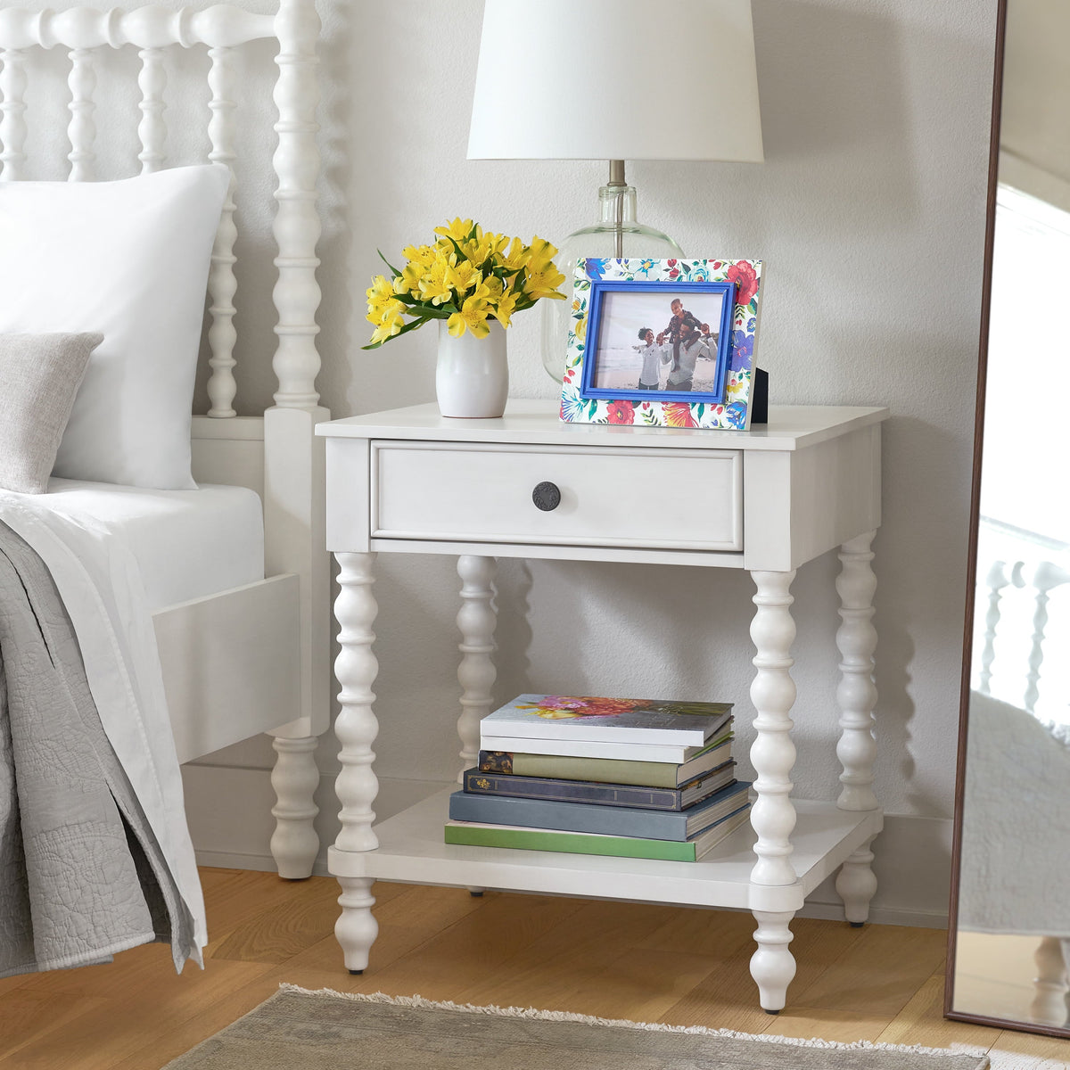 Brambelle Harper Spindle Nightstand with USB Charging Ports White