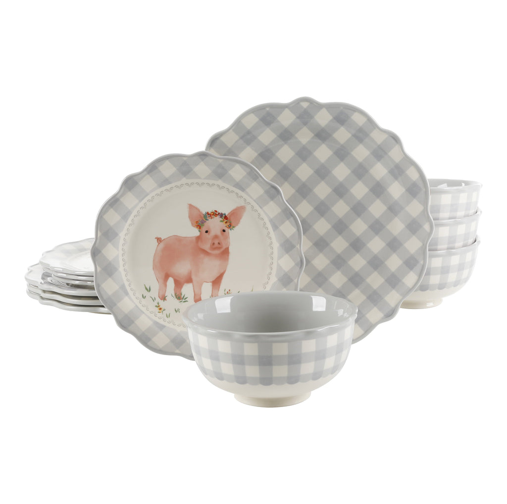 Brambelle Gingham Ceramic Dinnerware Set 12 Piece Gray