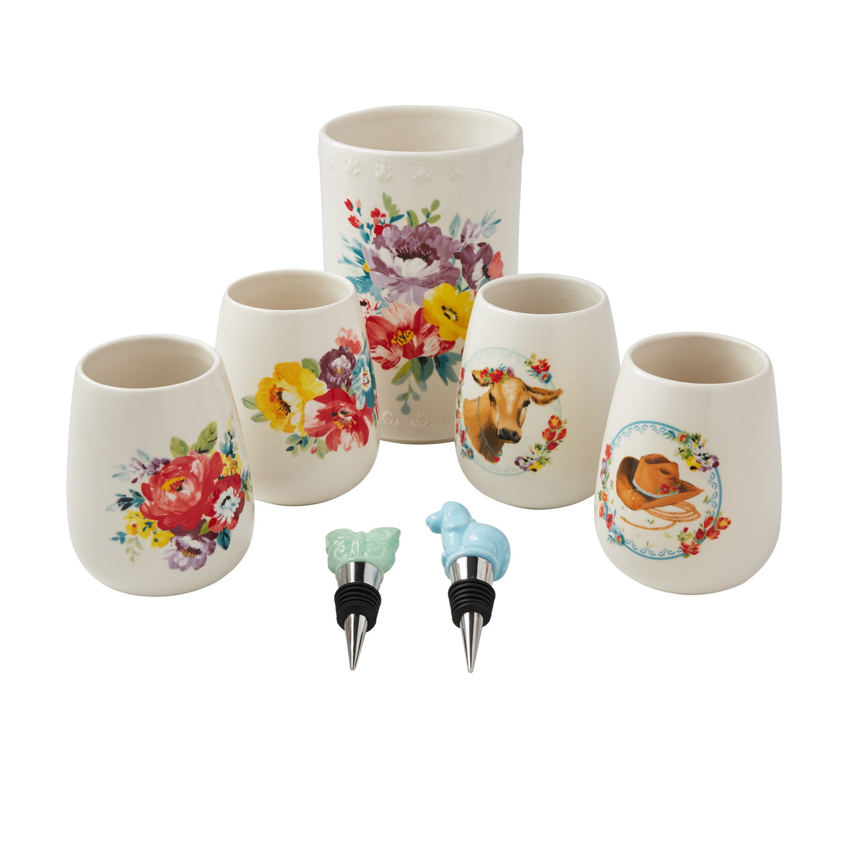 Brambelle Sweet Rose Stoneware Stemless Wine Glass Set with Chiller