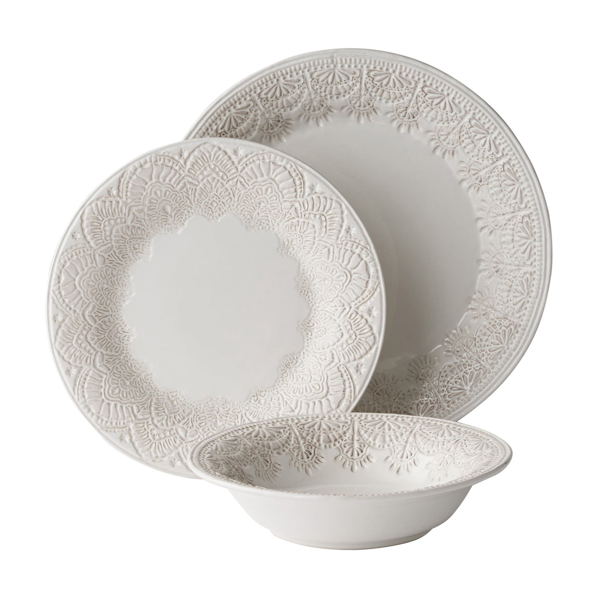 Brambelle Vintage Lace Ceramic Dinnerware Set 12 Piece Linen