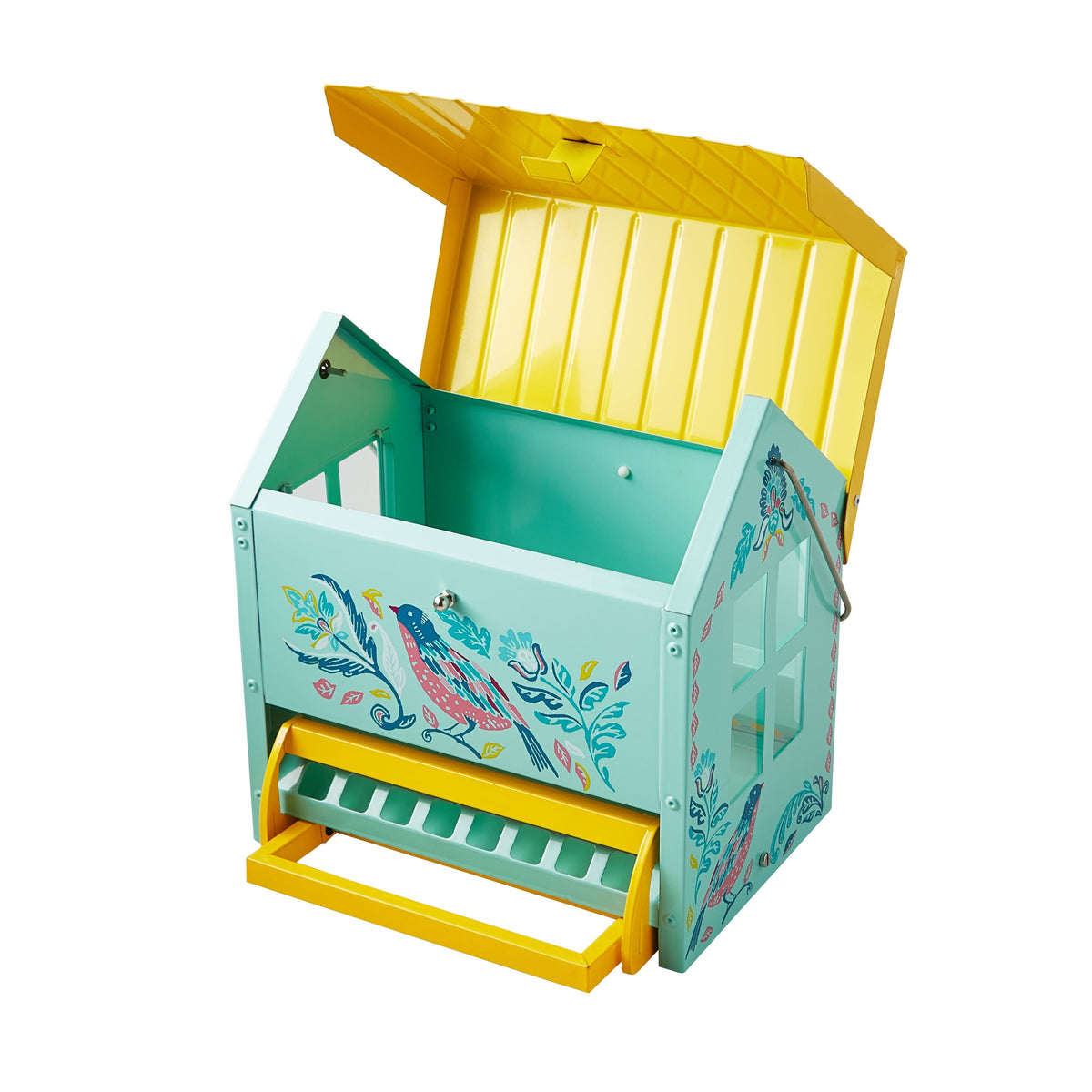 Bird feeder in teal and yellow view 5