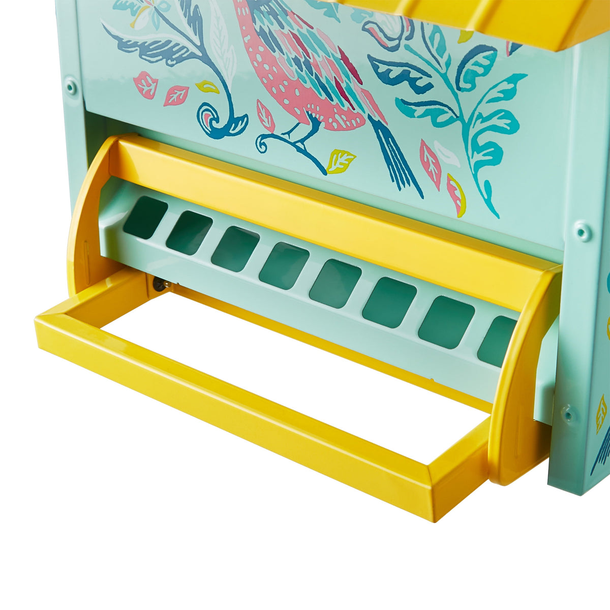 Bird feeder in teal and yellow view 7