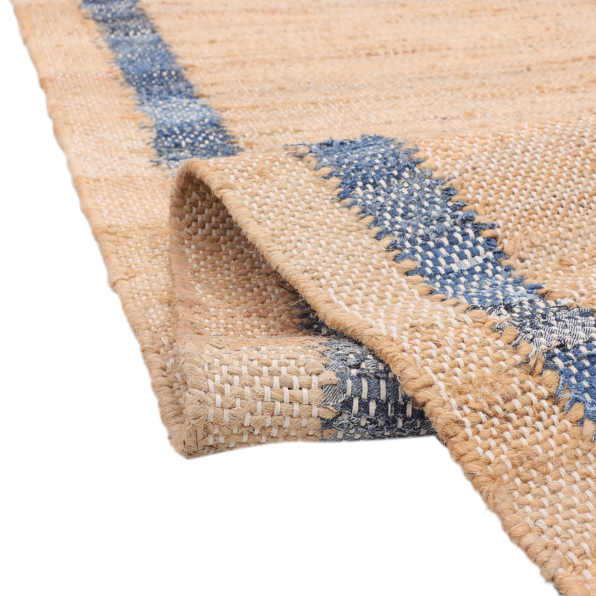 Runner rug in natural with a blue border view 7
