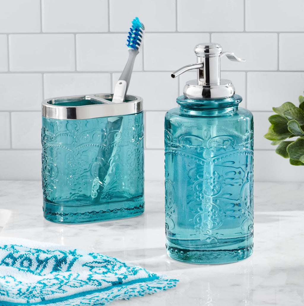 Bath accessory set in teal view 2