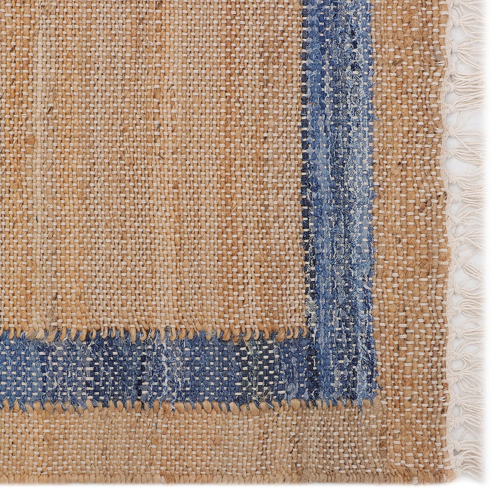 Runner rug in natural with a blue border view 4